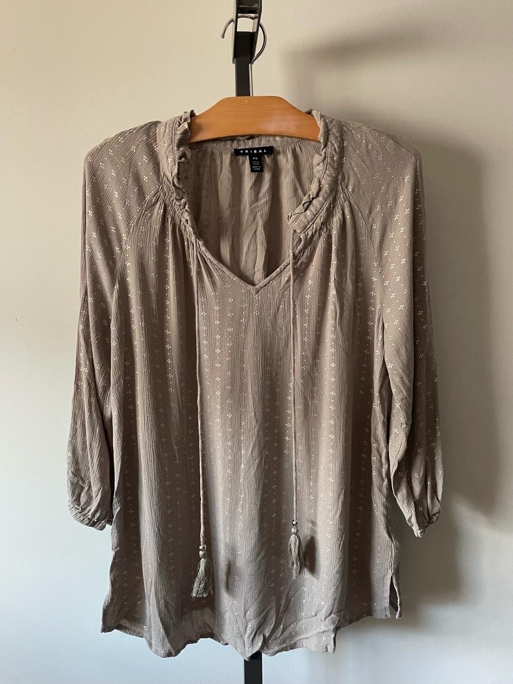 Tribal Boho Metallic Accent Crinkle Blouse Front Tassel Ruffled Grey PS
